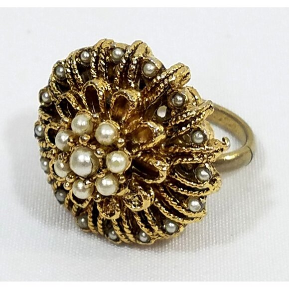 Vintage Gold-Tone Adjustable Costume Ring Faux Pearl Cluster Design Cocktail - Picture 1 of 7